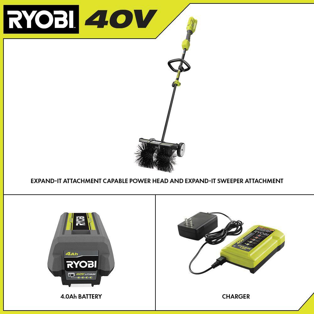 RYOBI 40V Expand-It Cordless Battery Attachment Capable Trimmer Power Head and Sweeper Attachment w 4.0 Ah Battery Charger RY40226-SWP