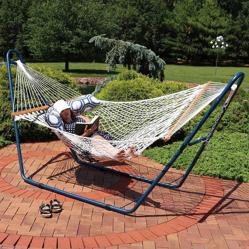 Sunnydaze 2-Person Rope Hammock with Blue Steel Stand and Pillow - Natural