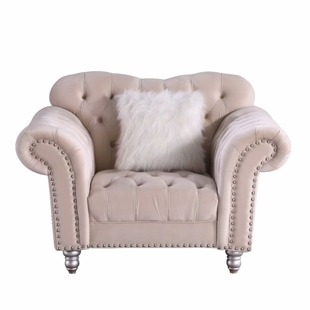 Morden Fort Luxury Velvet Living Room Chair Chesterfield Tufted Camel Back Armchair, Beige