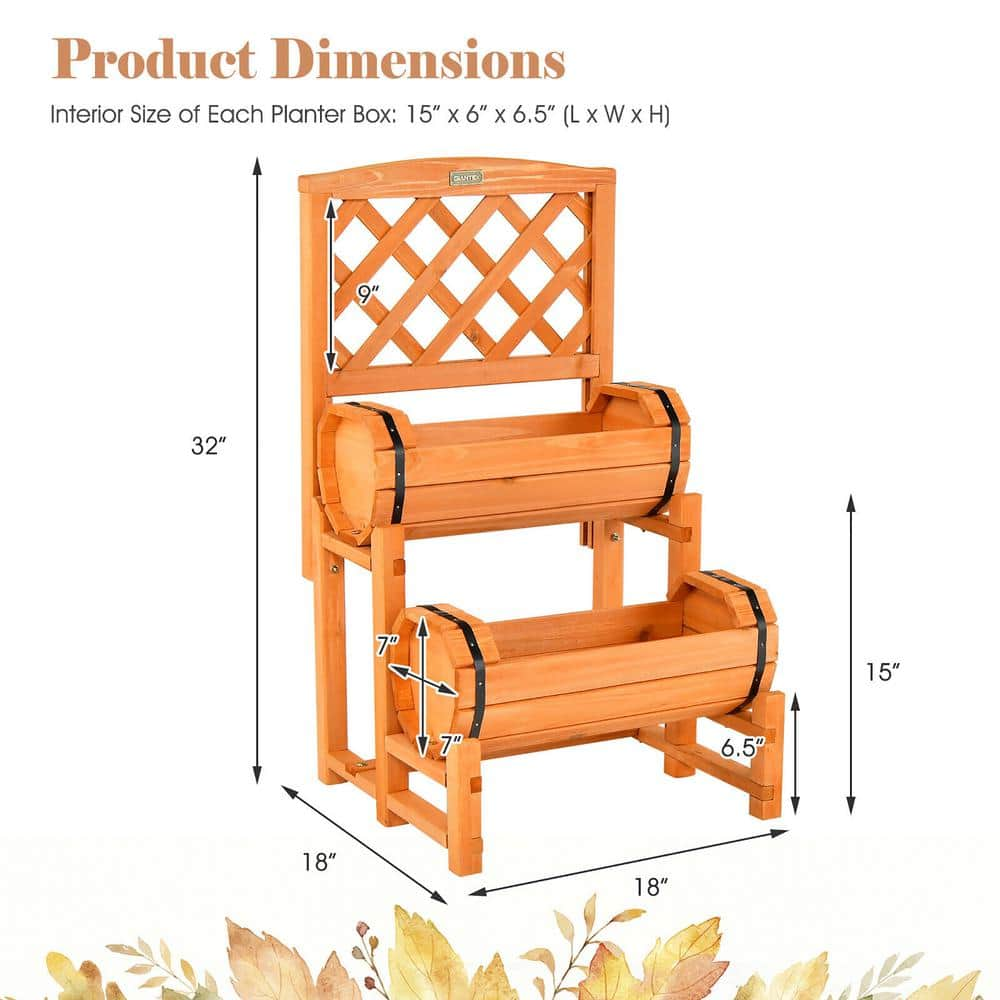 Gymax 2-Tier Wooden Raised Garden Bed Container w/2 Cylindrical Planter Boxes and Trellis GYM11265