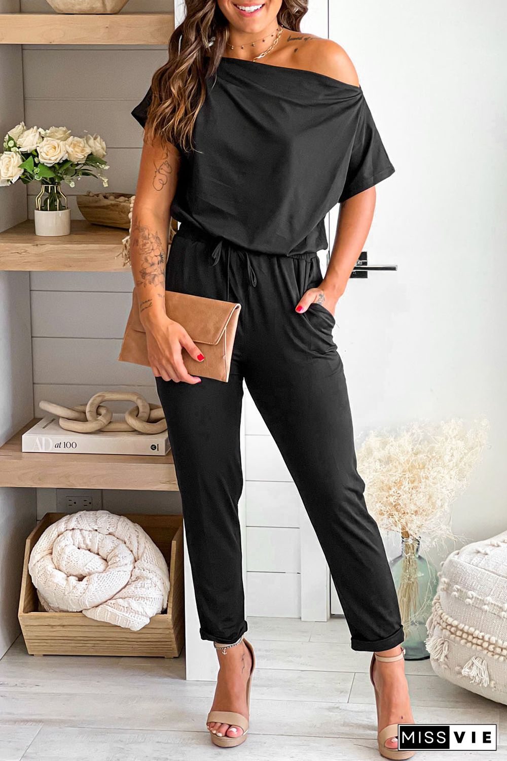 Black Tie Waist Short Sleeve Tapered Jumpsuit