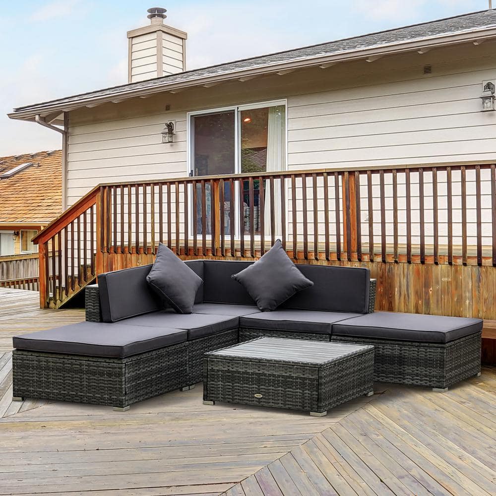 Outsunny 6-Piece Patio Furniture Sets PE Rattan Wicker Outdoor Sectional Sofa Set Conversation Sets with Grey Cushion 860-213GY