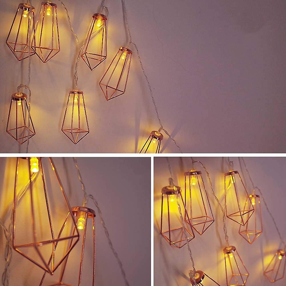 10 Led 2m Diamond String Lights Battery Operated， Geometric Fairy Lights Warm White， Rose Gold Metal Lamps Decor For Indoor Wedding Party Bedroom Chri