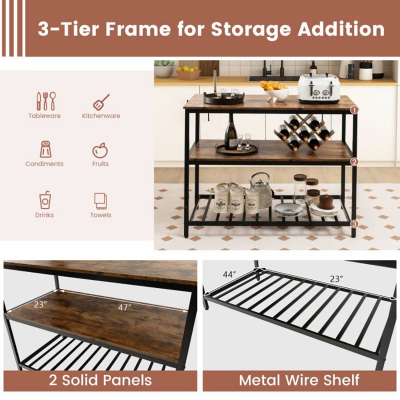 Hivago 3 Shelves Kitchen Island Industrial Prep Table with Bottom Wine Rack-Rustic Brown