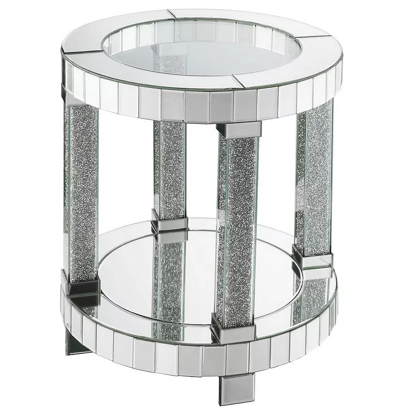 Round Mirrored Frame End Table with Faux Diamond and Bottom Shelf， Silver