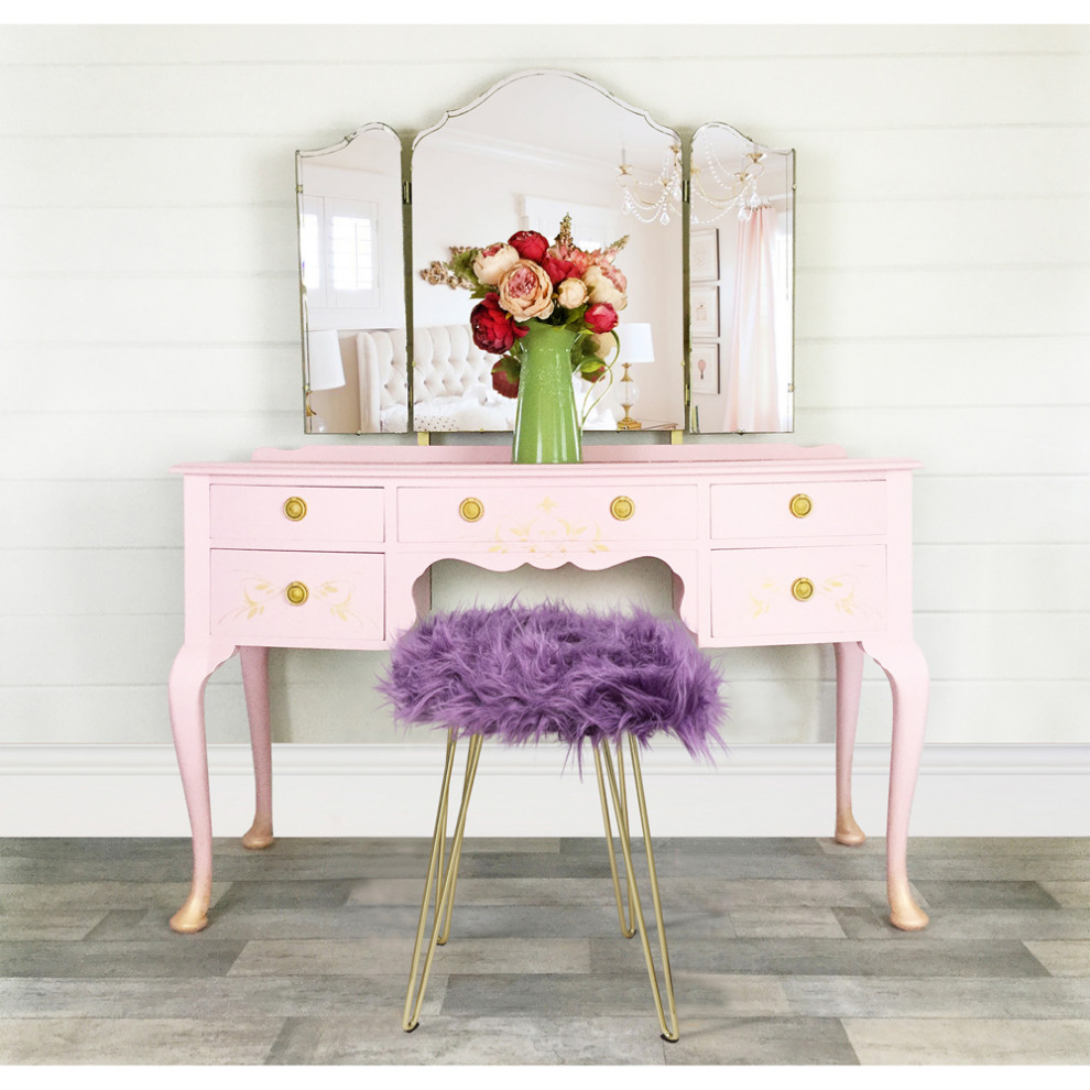 Fauxfur Purple Vanity Foot Stool With Golden Metal Legs  Set of 1   Midcentury   Vanity Stools And Benches   by specialty imports  Houzz