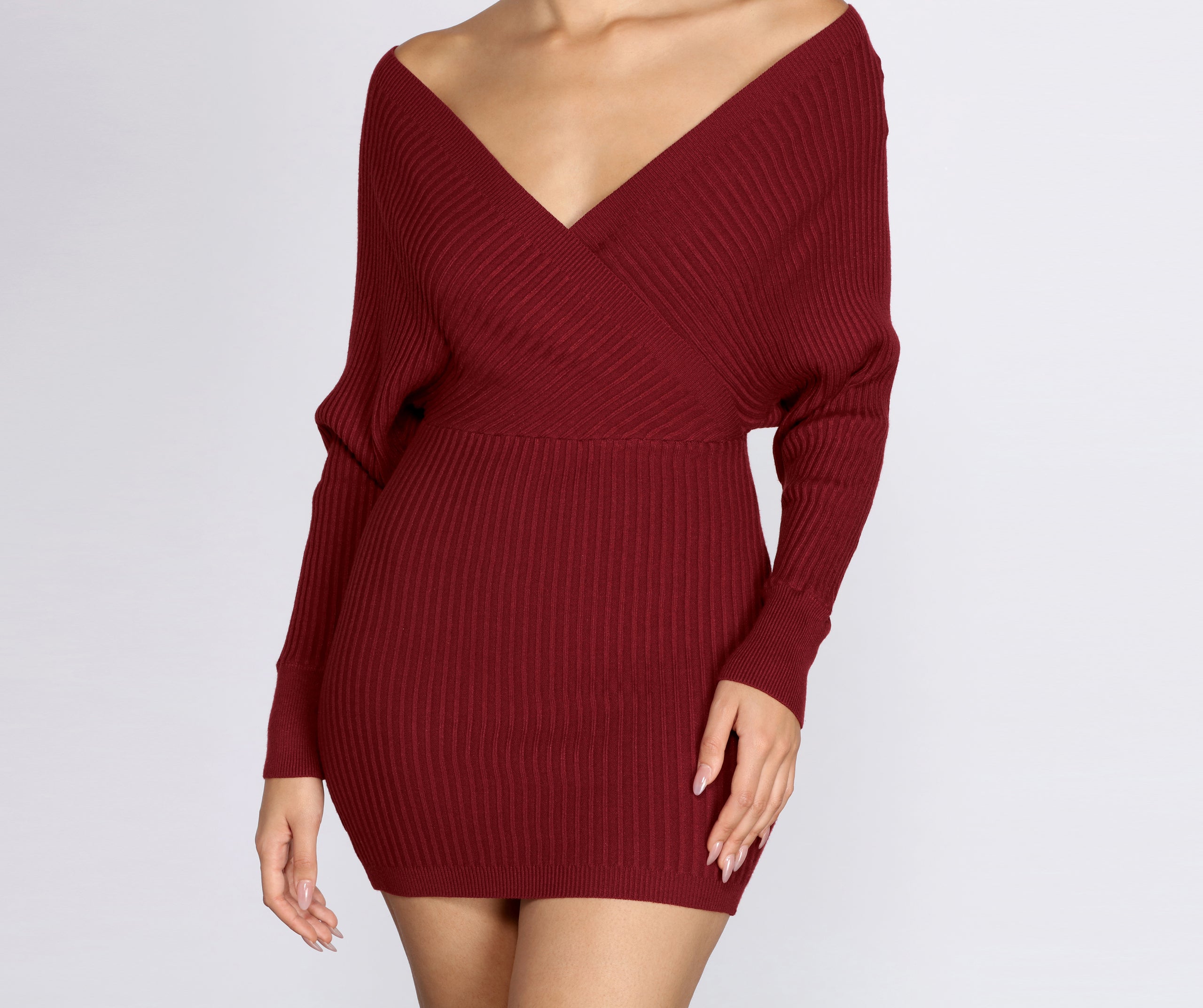 Ribbed Knit Surplice Mini Dress