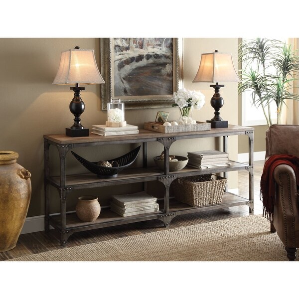 Table With 4 Shelves， Weathered Oak and Antique Silver- Saltoro Sherpi