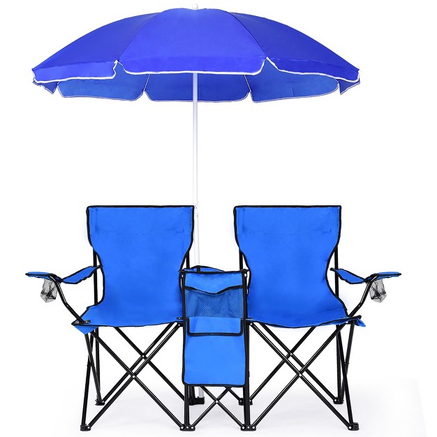 Costway Portable Folding Picnic Double Chair W umbrella Table Cooler Beach Camping Chair