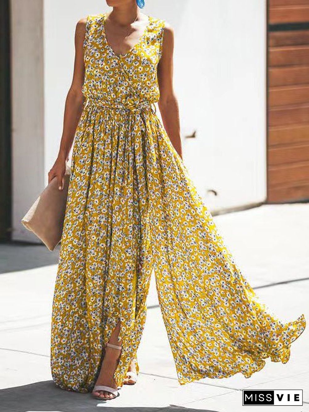 Women'S Dresses Floral Print V-Neck Sleeveless Slit Dress