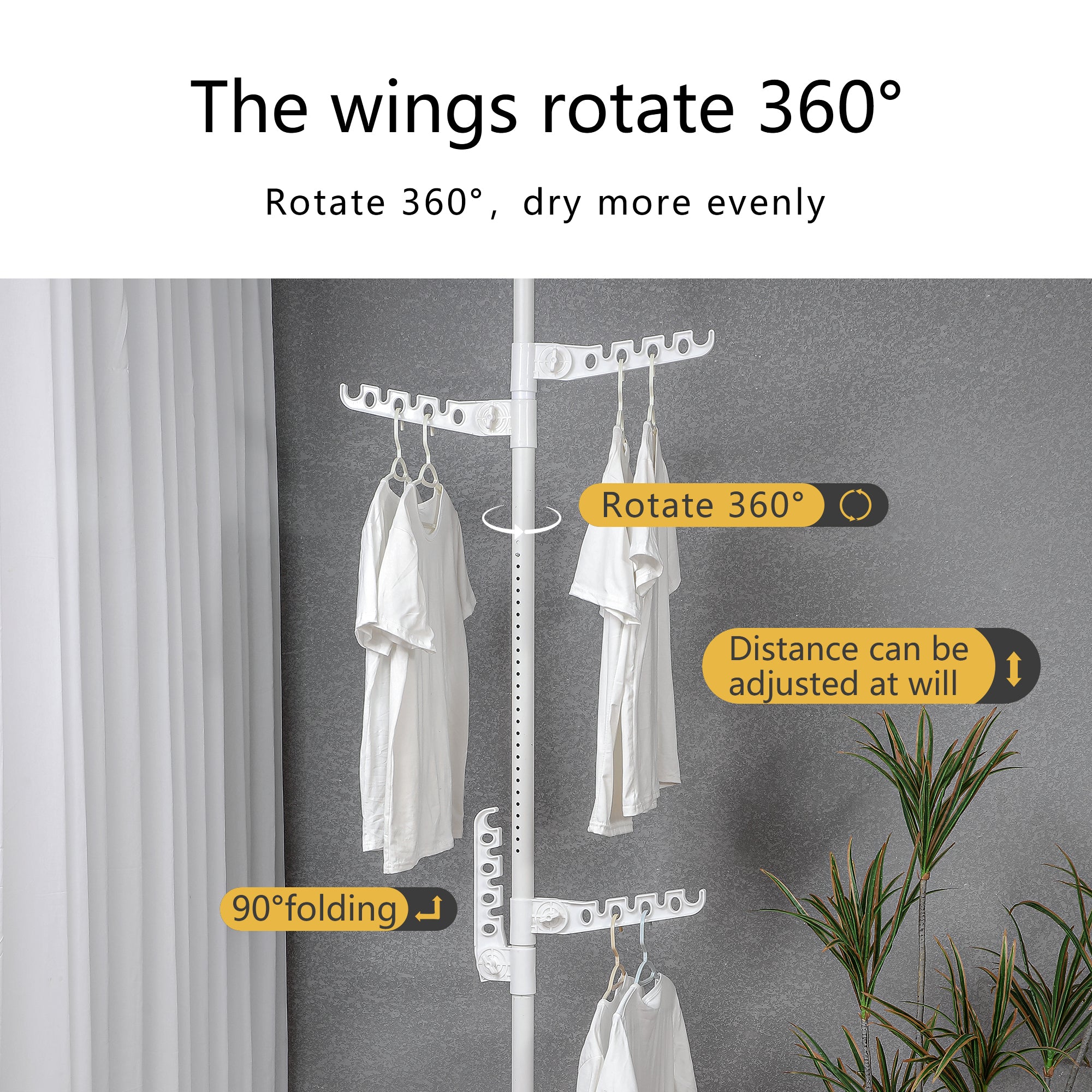 Adjustable Laundry Pole Clothes Drying Rack Coat Hanger DIY Floor to Ceiling Tension Rod Storage Organizer for Indoor, Balcony - White