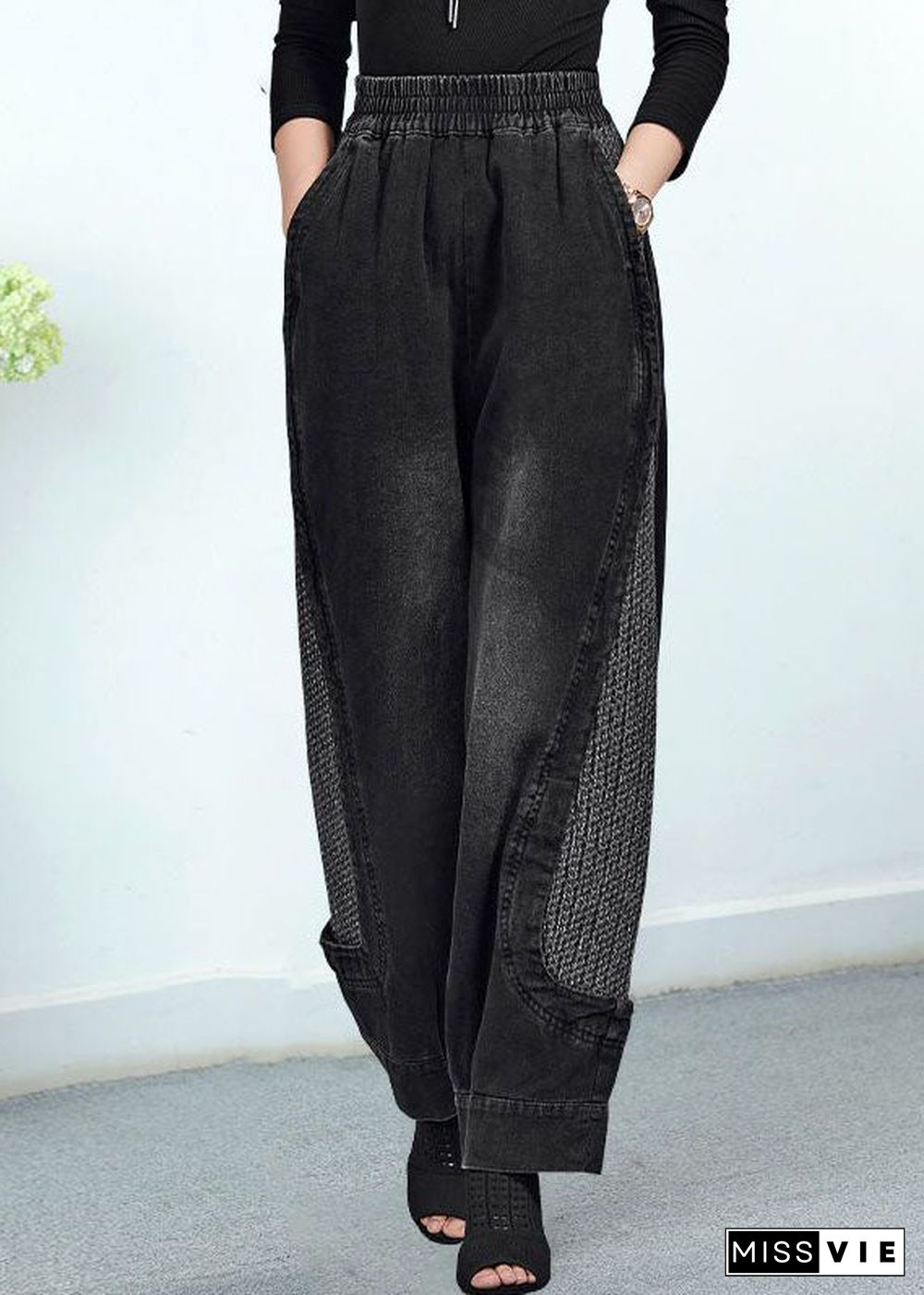 Women Black Elastic Waist Pockets Patchwork Cotton Pants Trousers Fall