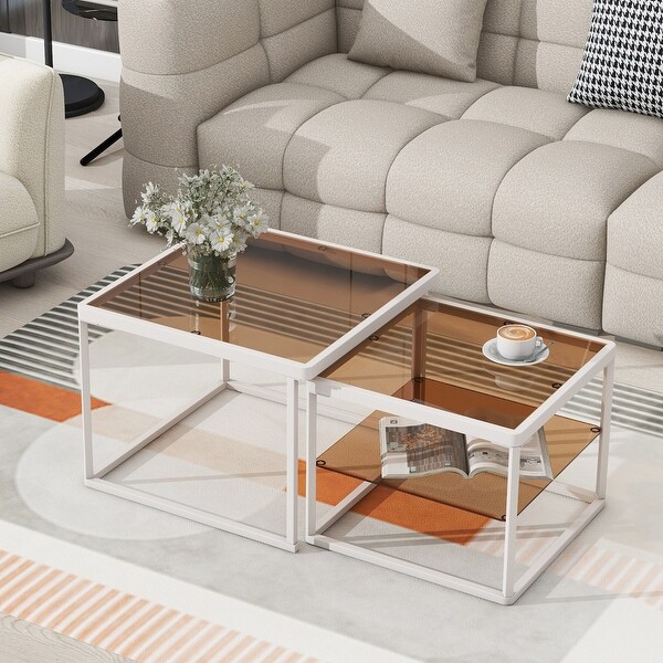 Adjustable 2Tier Nested Coffee Table with Highlow Glass with Metal