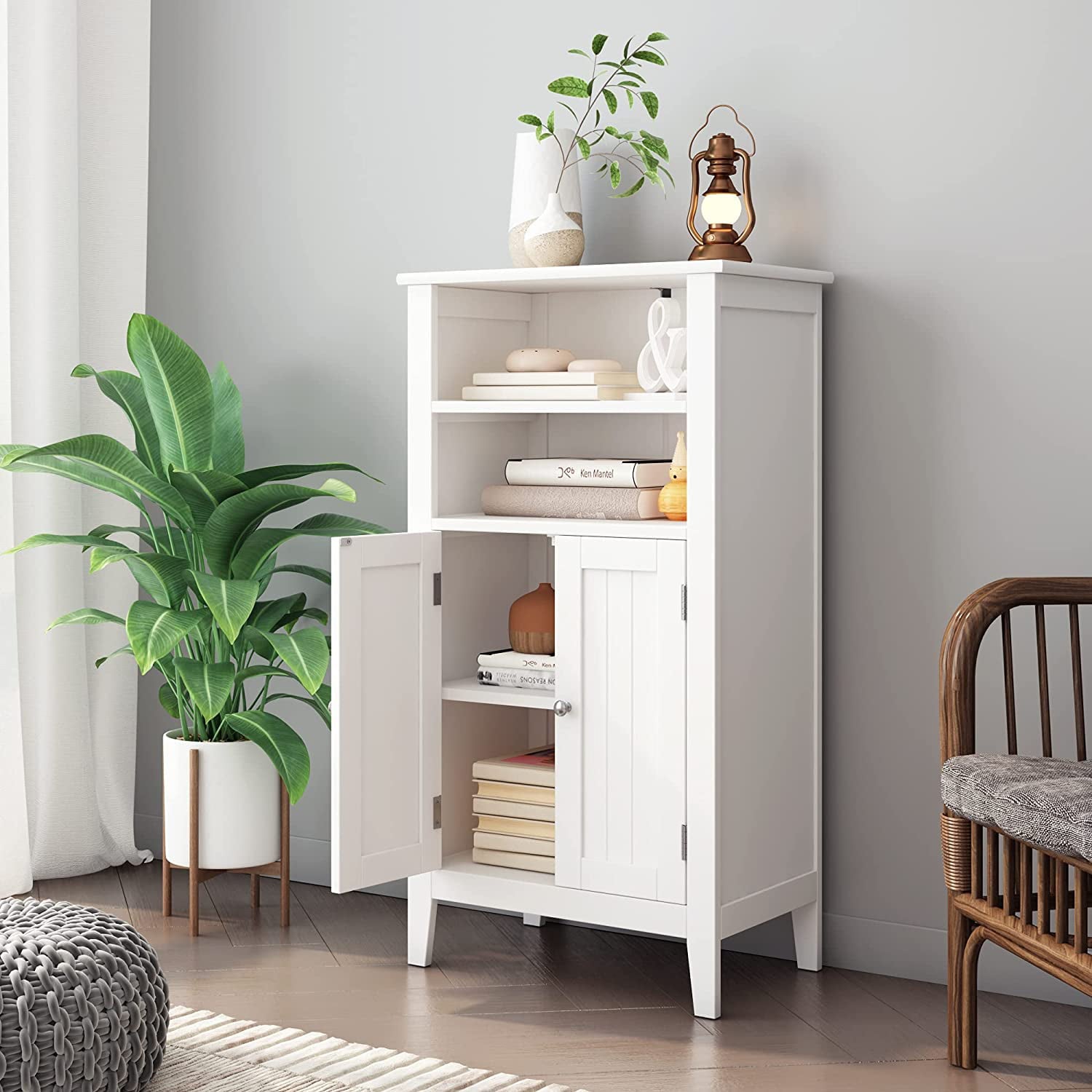 Homfa 2 Tier Shelves Bathroom Storage Cabinet, Wood Storage Floor Cabinet with 2 Doors, White