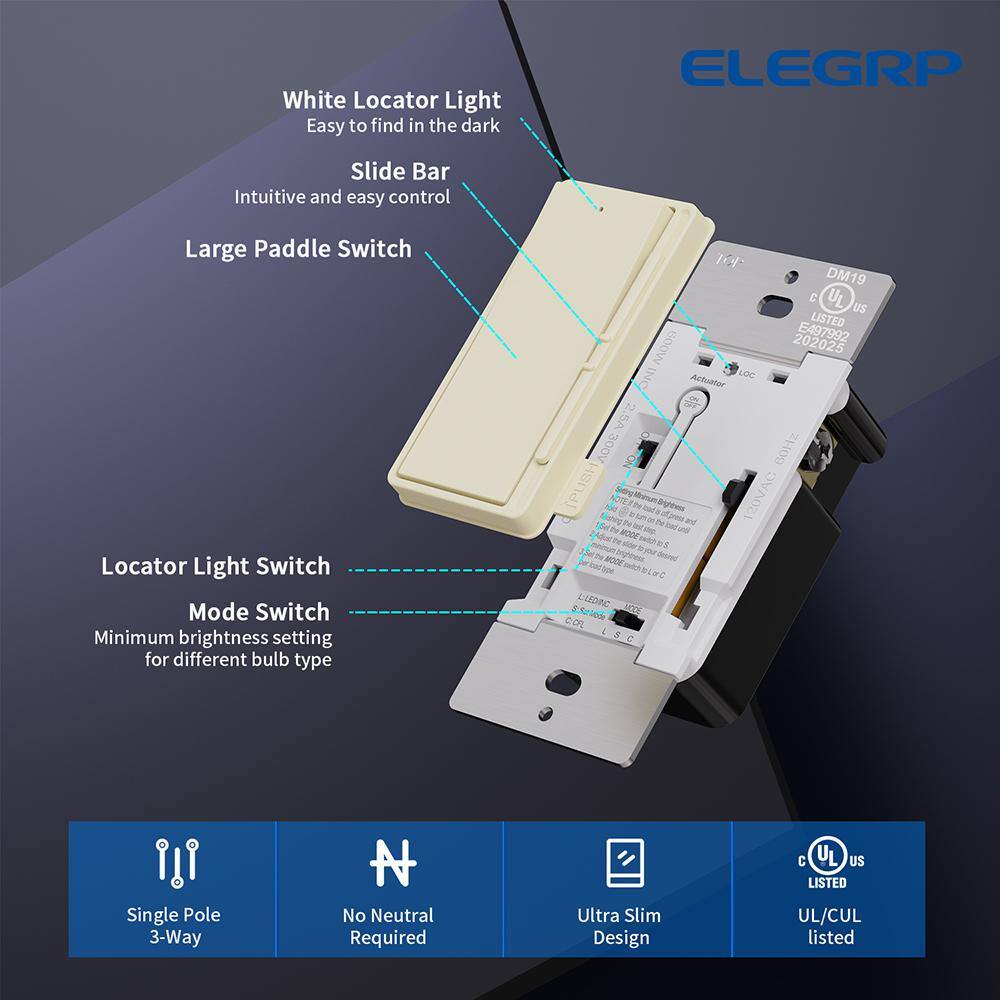 ELEGRP Slide 300-Watt Single Pole 3-Way Dimmer Rocker Paddle Wall Plate Included Light Almond (2-Pack) DM19-LA2