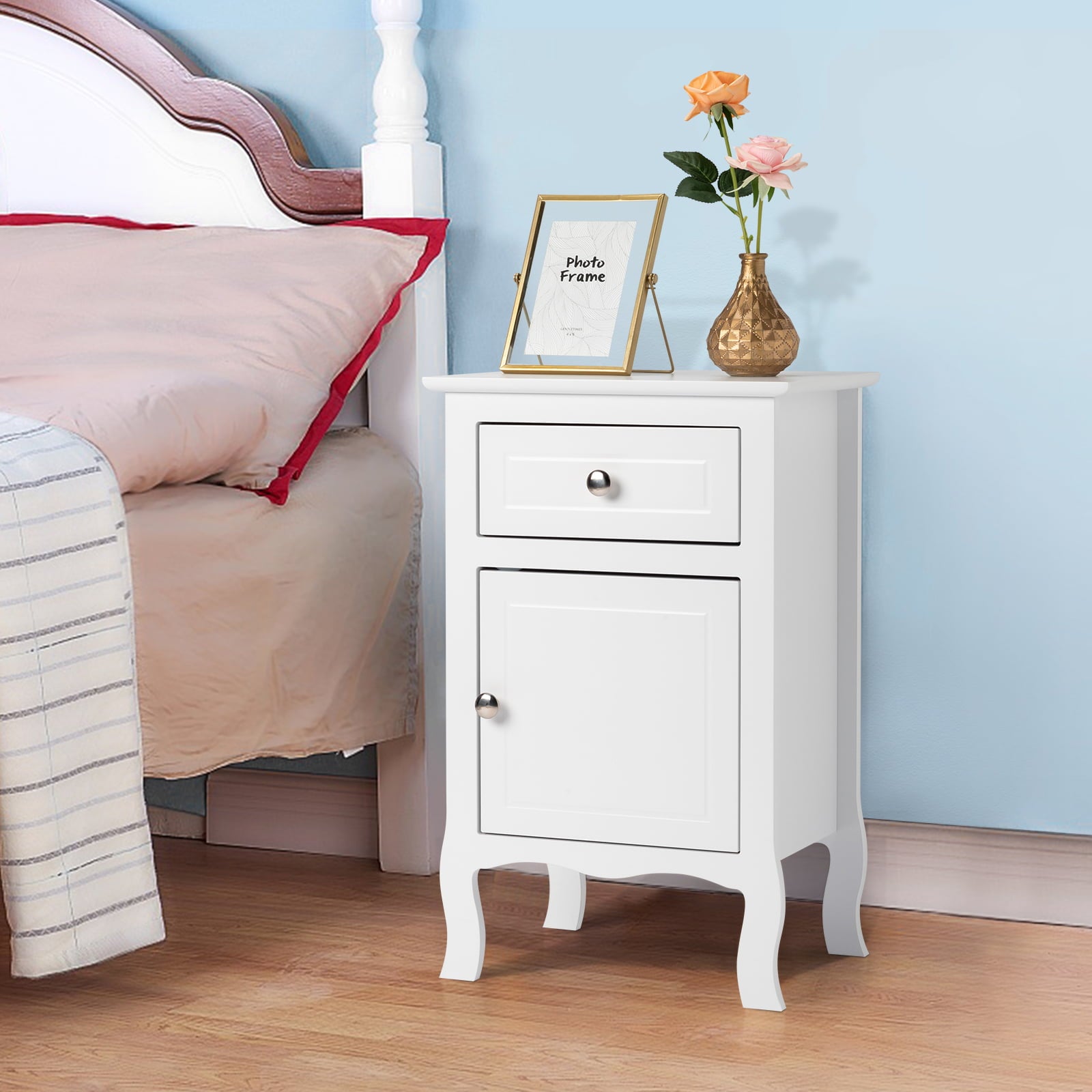 Nightstands Set of 2, Country Style End Table Nightstand Side Table with Drawer and Cabinet, Wood Accent Table with Storage for Bedroom Living Room, White