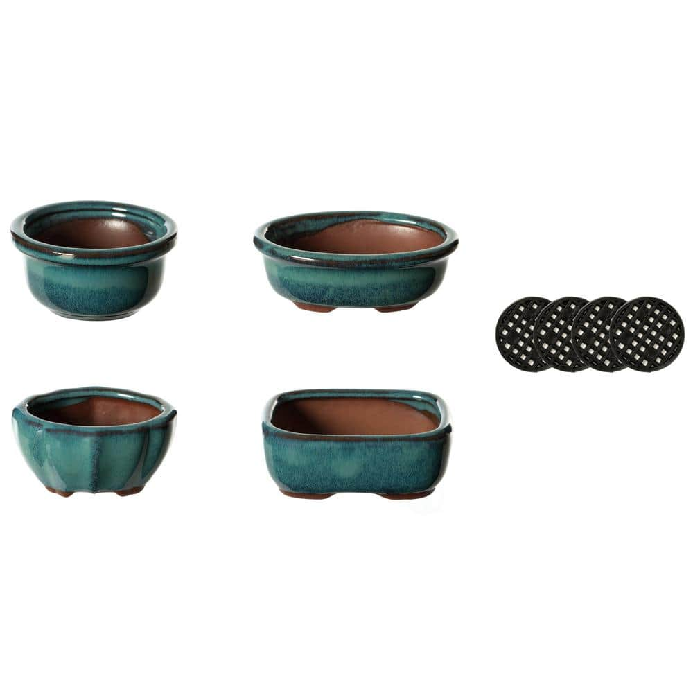 Gardenised Decorative Mini Glazed Ceramic Bonsai Succulent Pots Flower Planter with Drainage Holes， (4-Pack) QI004100