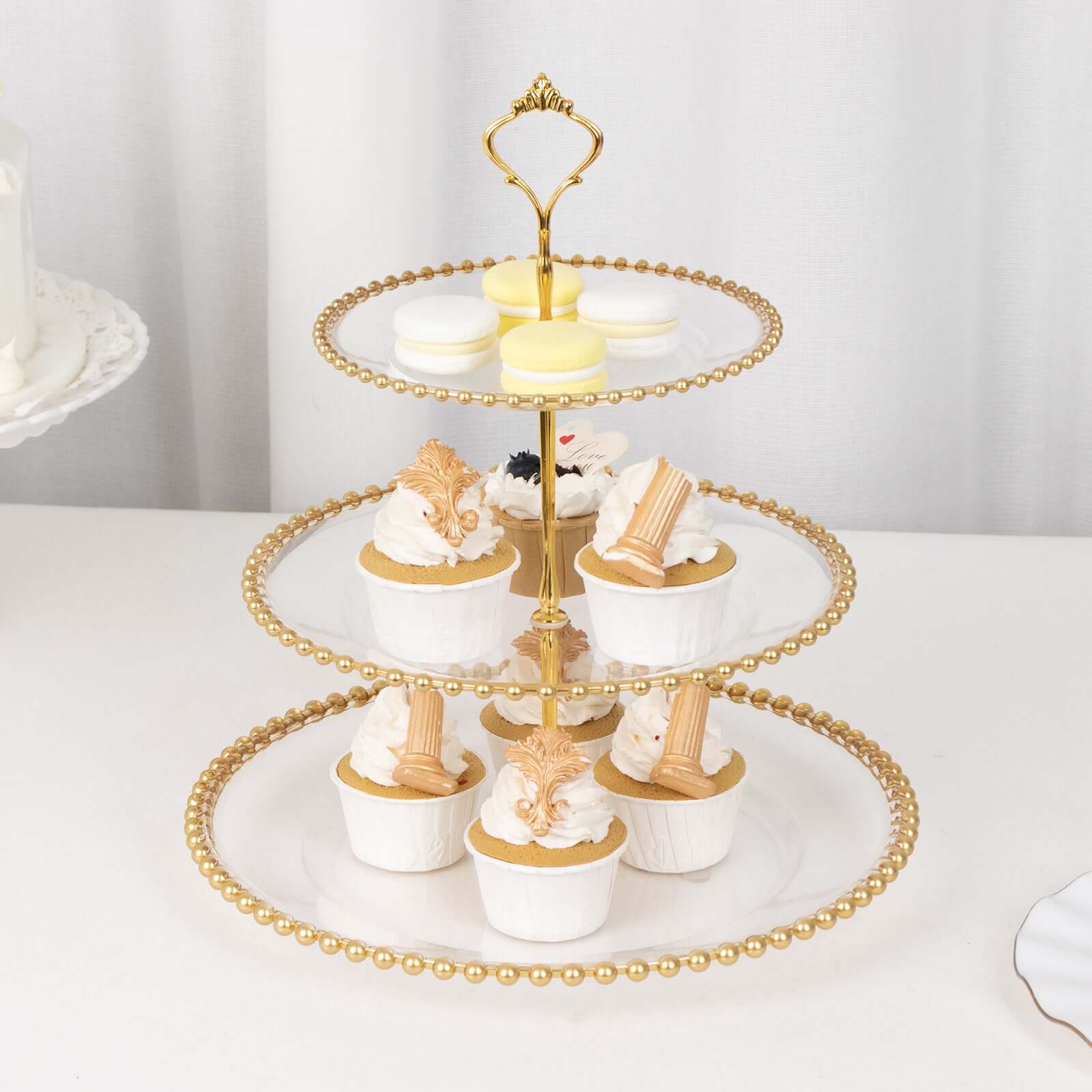 Clear 3-Tier Round Plastic Cupcake Tower Stand with Gold Beaded Rim, Dessert Display Tea Party Serving Platter With Top Handle - 14