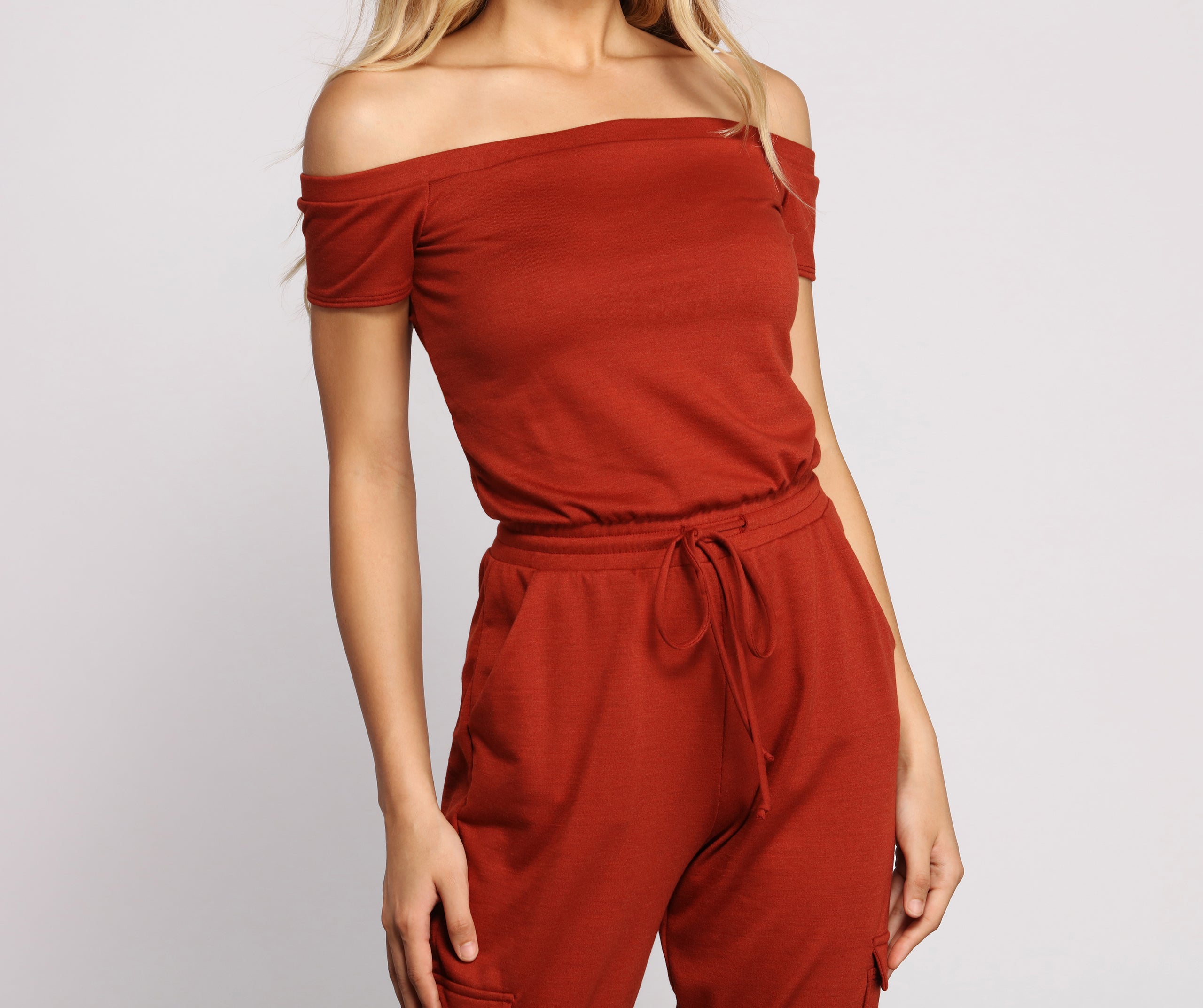 Carry On In Style Off The Shoulder Cargo Jumpsuit