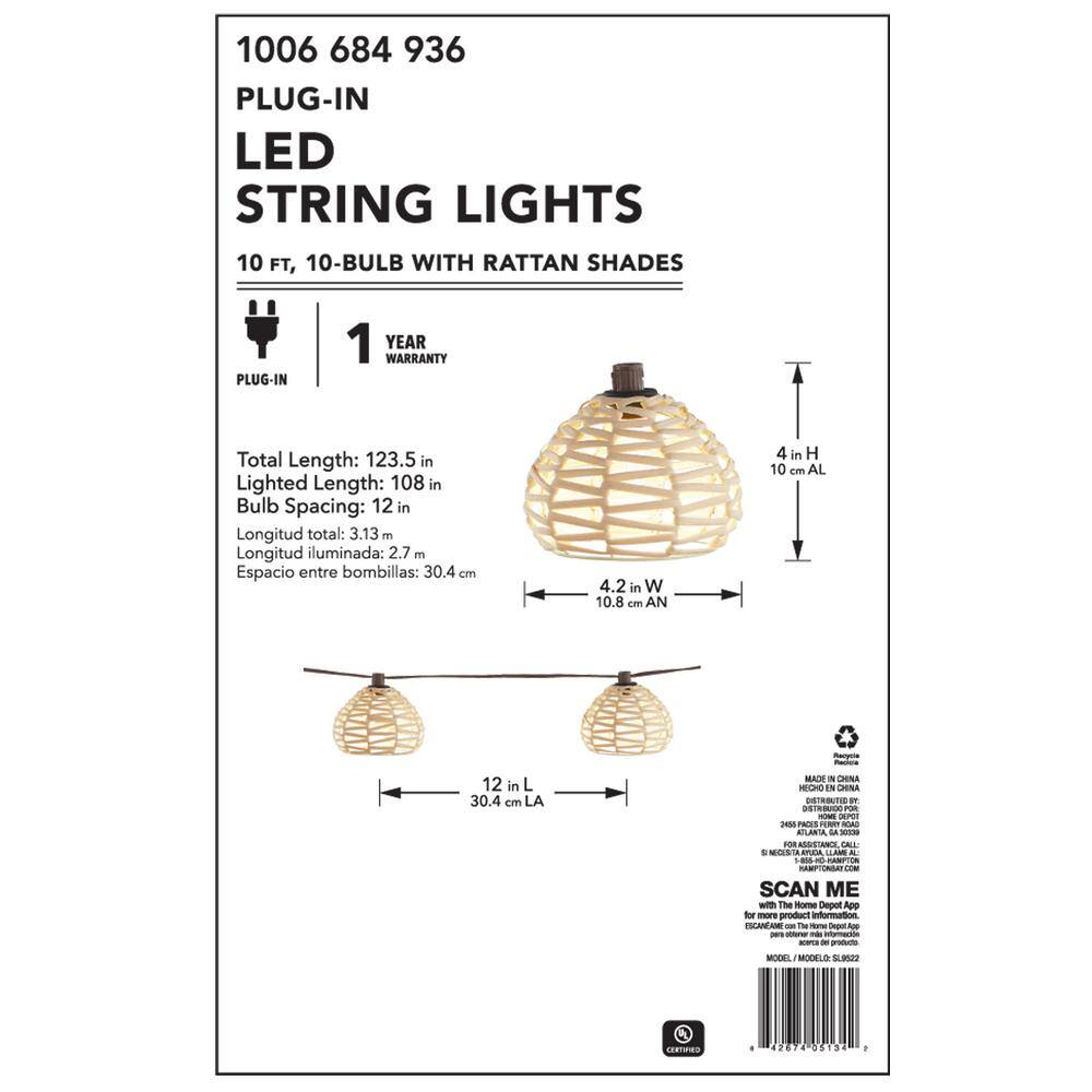 Hampton Bay OutdoorIndoor 10 ft. Plug-In Round Globe Bulb LED Rattan String Light SL9522