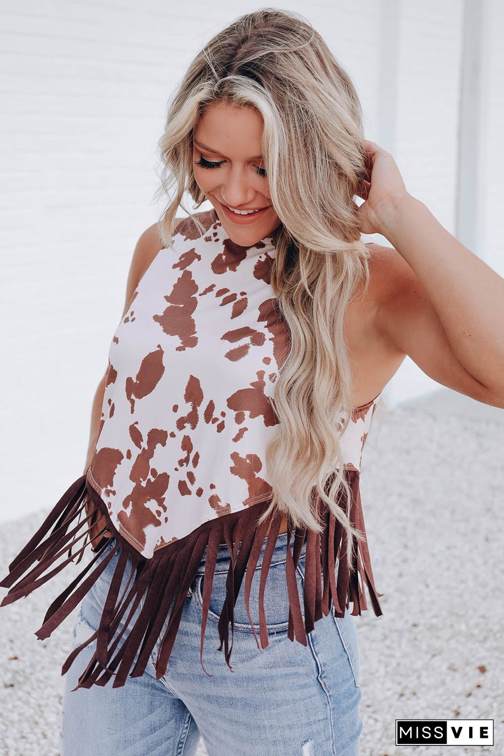 White Cow Printed Fringe Hem Tank Top