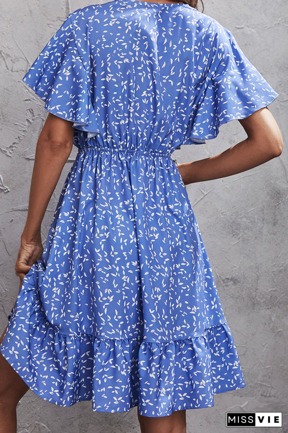 Wrap V Neck Drawstring Blue Floral Flare Dress