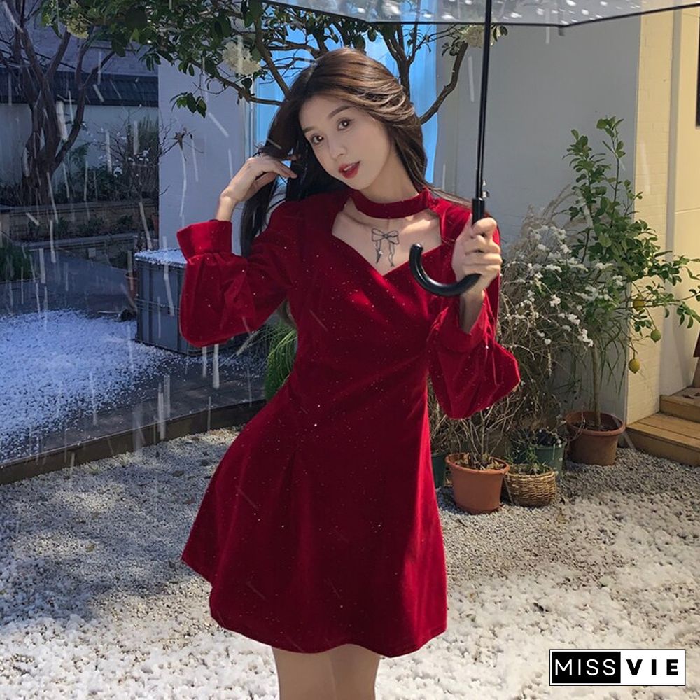 Spring Autumn Sexy Christmas Flash Powder Red Dress Women Long Sleeve Off Shoulder Mini Dress Korean Fashion Lady Dress New