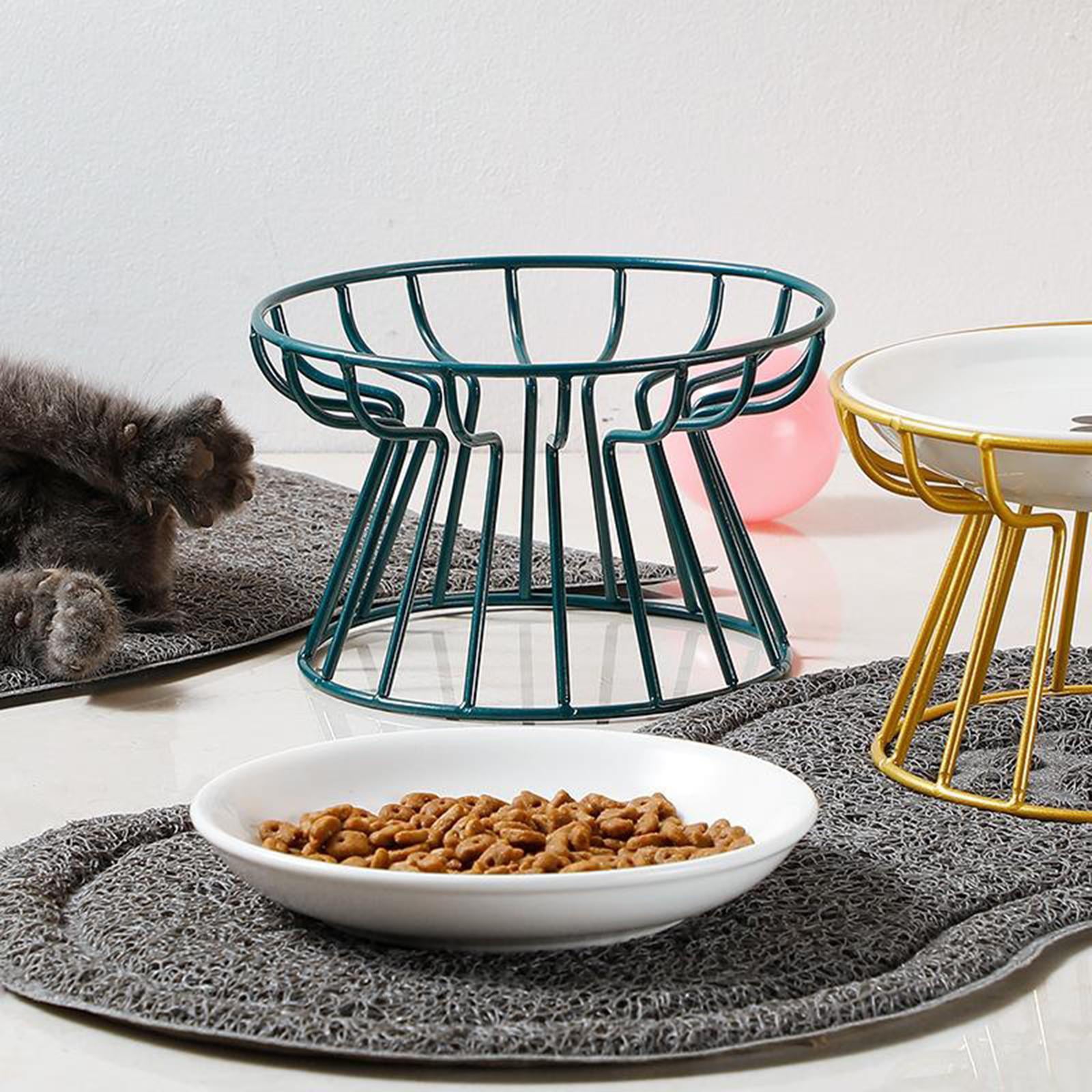 Ceramic Iron Holder Shelf Stand Pet Single Bowl Feeding Food Bowls for cat and dog - Green