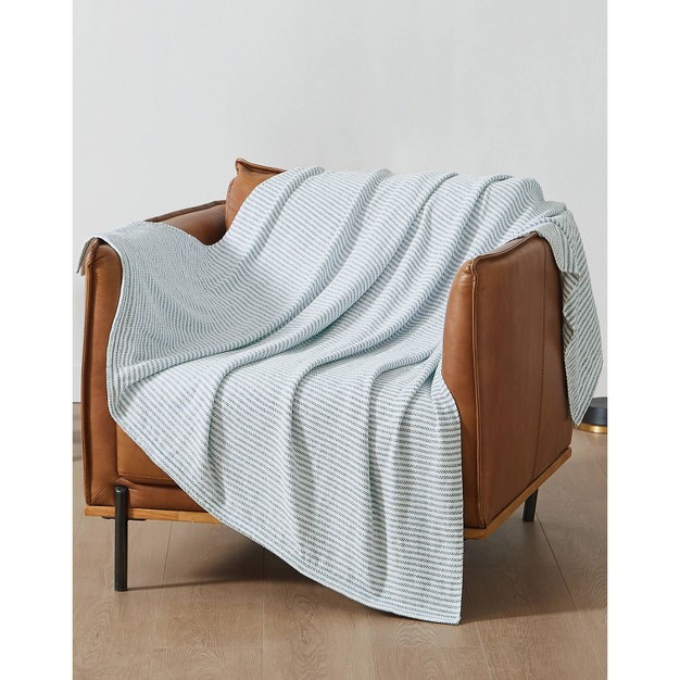 Striped Chenille Throw Blanket White blue Brooklyn Loom