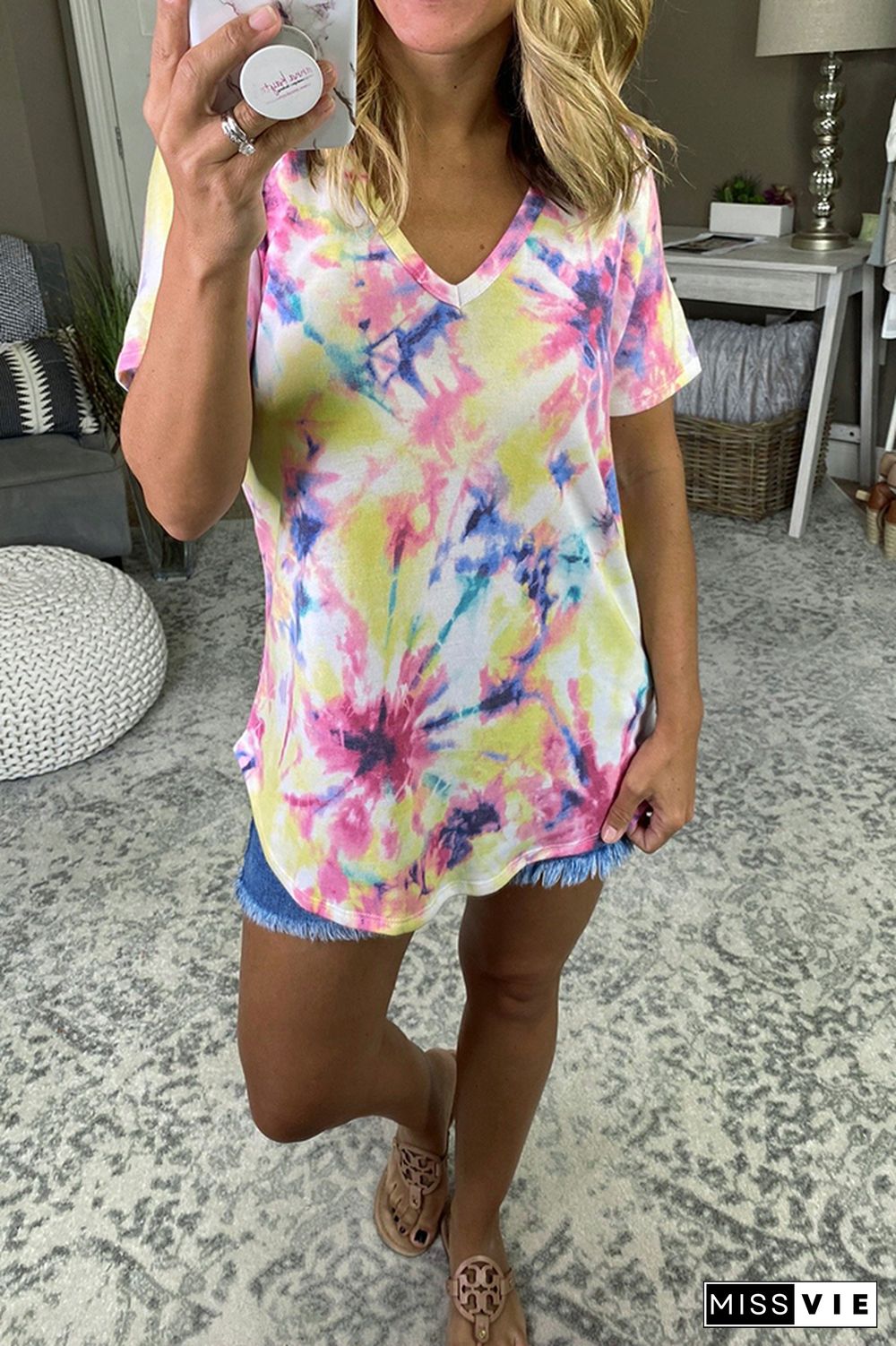 Summer Tie Dye Printed V-neck Short Sleeve T-shirt