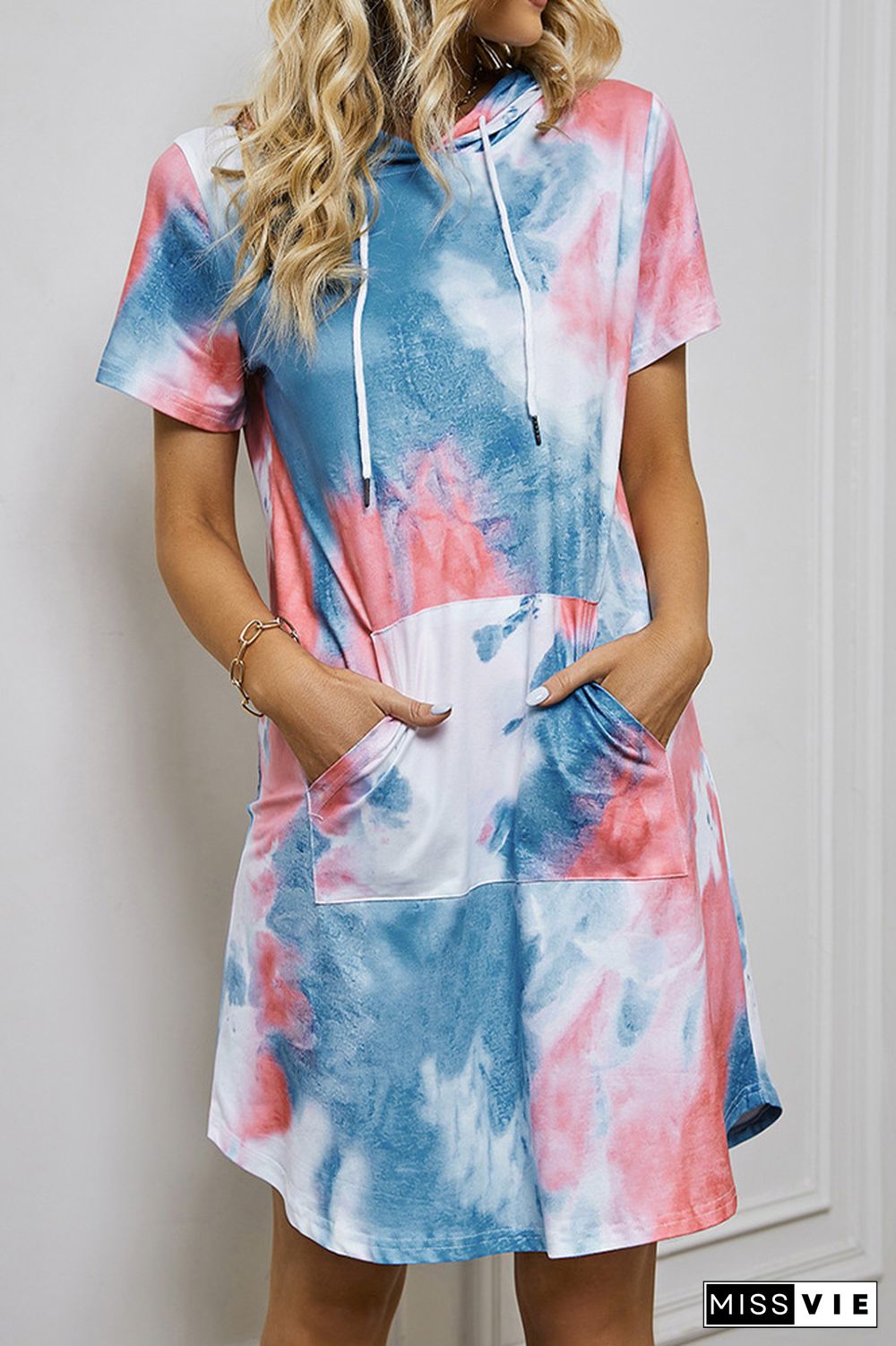 Blue Tie Dye Kangaroo Pocket Short Sleeves Hoodies Dress