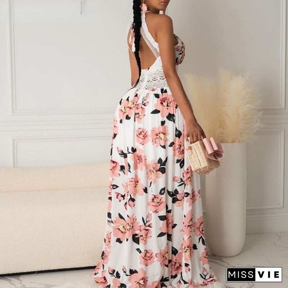 Women Dress Halter Floral Print Crisscross Backless Maxi Dress