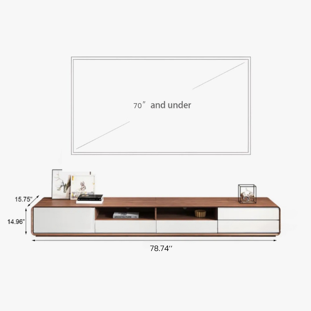 Modern Wood TV Stand  Lowline Media Console with 4 Drawers  Open Storage Cabinet  Walnut Veneer  Fully assembled