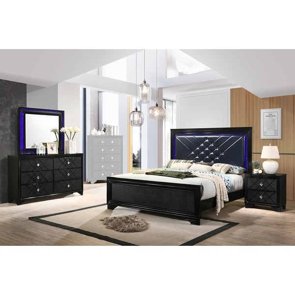 PU Queen Bedroom Set in Black and Midnight Star - - 36135745