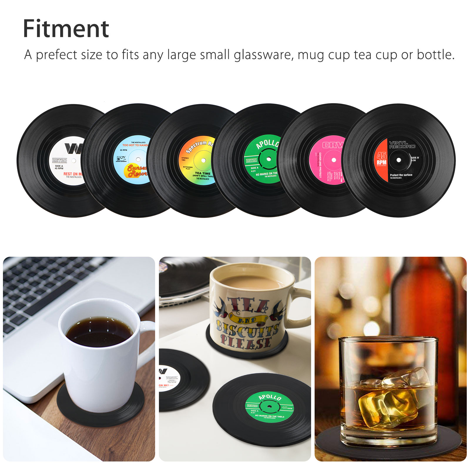 6pcs Record Coasters， EEEkit Round Vinyl Coasters， Drinks Retro Music Coasters， Art Car Bar Tea Coffee Table Mug Beer Bottle Beverages Absorbent Mat for Wine Glass Cup， Black