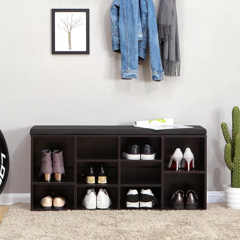 Cubbie Shoe Cabinet Storage Bench with Cushion， Adjustable Shelves