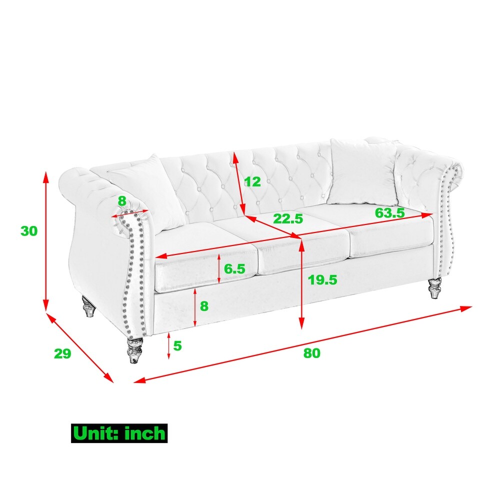 Velvet Upholstered Chesterfield Sofa Set w/Nailhead Tufted Back Sectional Sofa Set w/Flared Arms for Livingroom