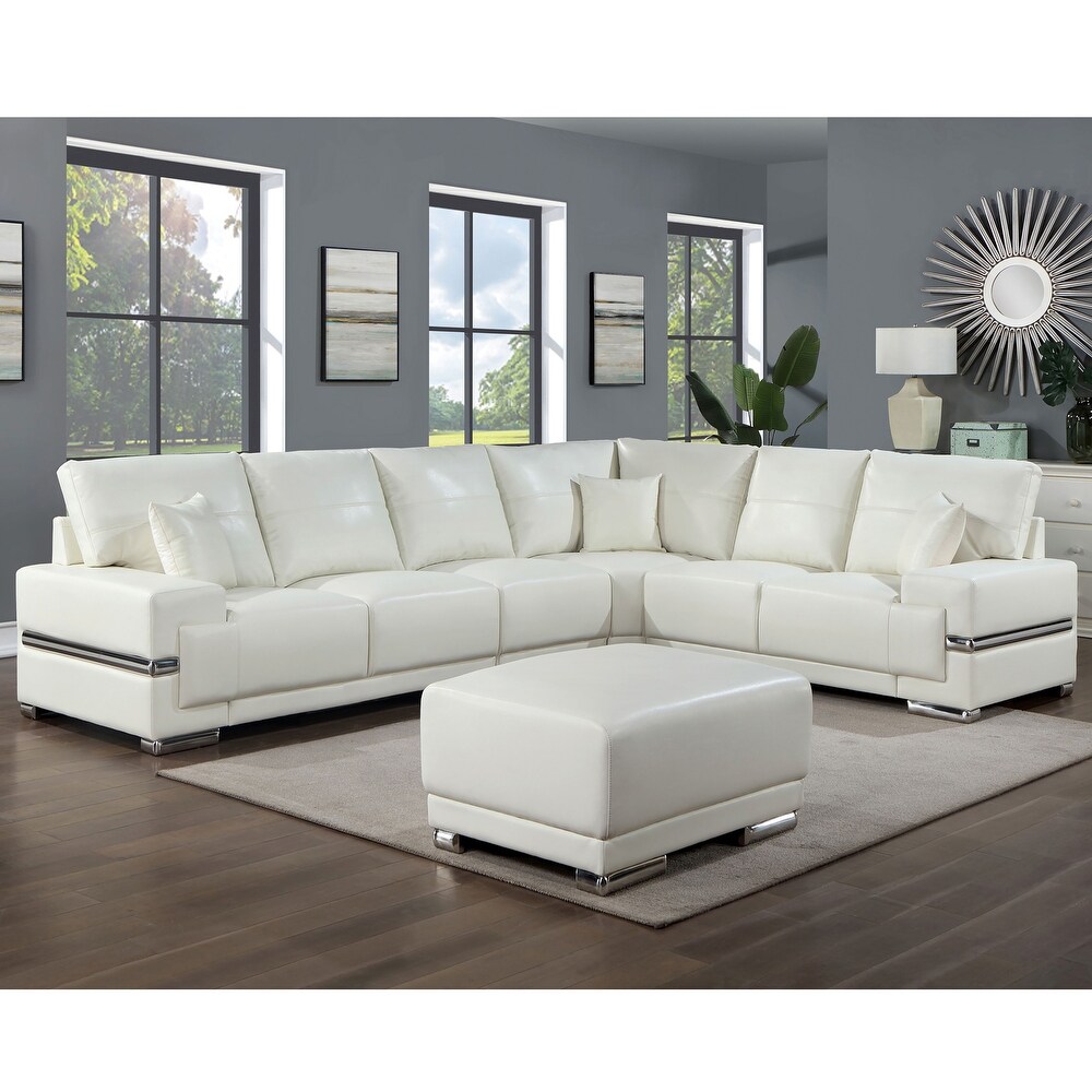 Leonara Contemporary White Faux Leather Large Sectional with Pillows by Furniture of America