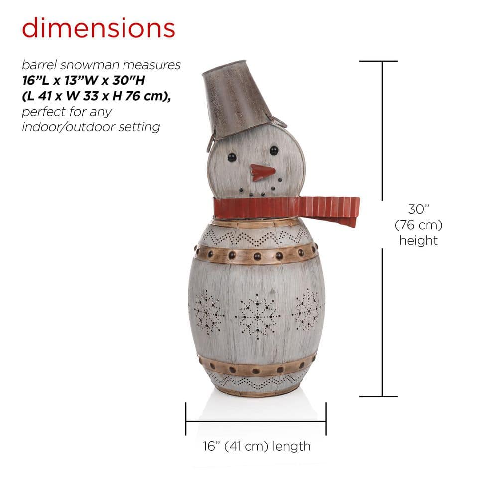 Alpine Corporation 30 in. Tall Weathered Barrel Snowman With Warm White LED Lights ORS730