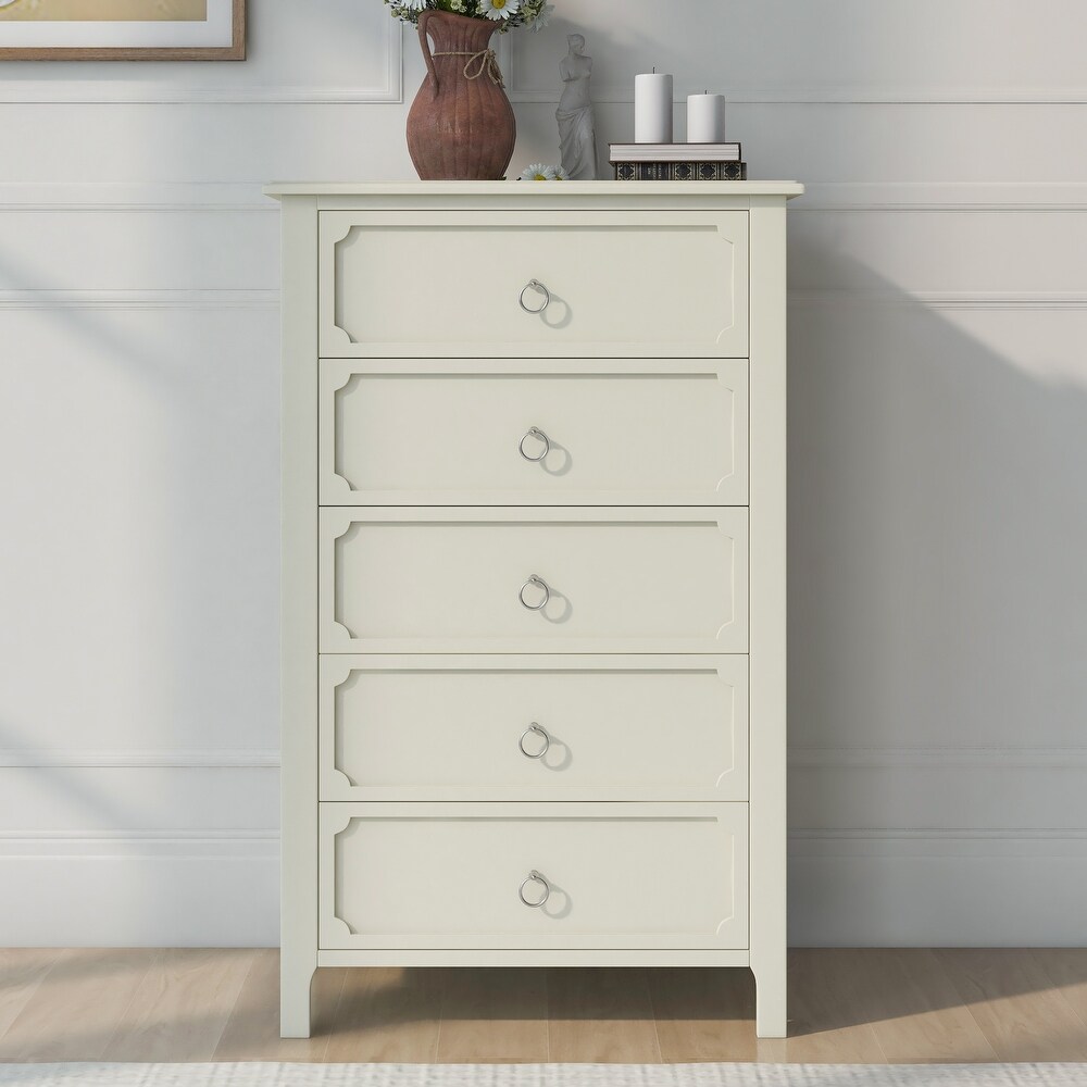 Milky White Chest Five Large Drawers Silver Metal Handles