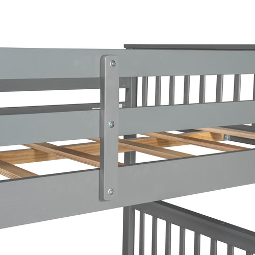 Wood Full Over Full Bunk Bed with Two Storage Drawers and Ladders for Kids Adults,Gray