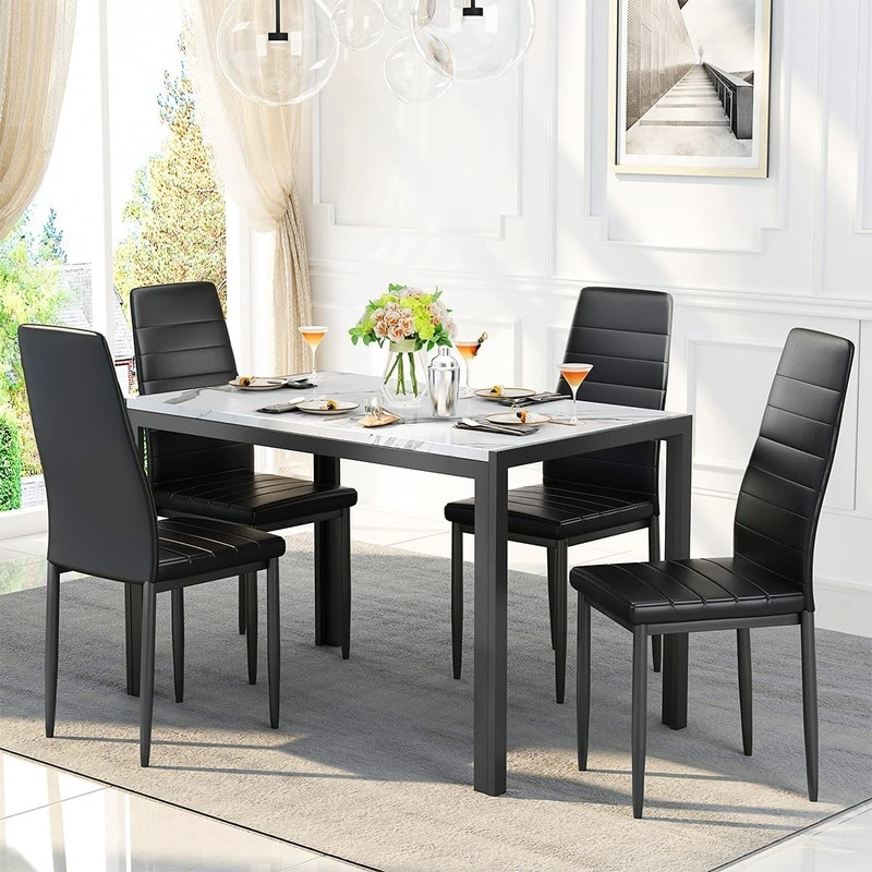 Mieres Modern Faux Marble 5 Pieces Kitchen Dining Set  Home Bar Dining Table Set with Upholstered PU Leather Chairs