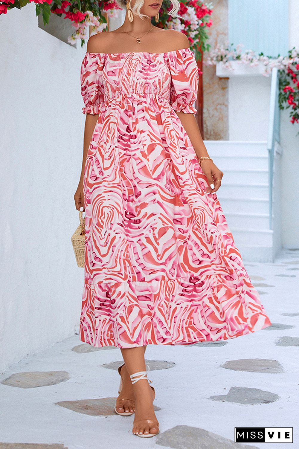 Off Shoulder Smocked High Waist Printed Maxi Dress