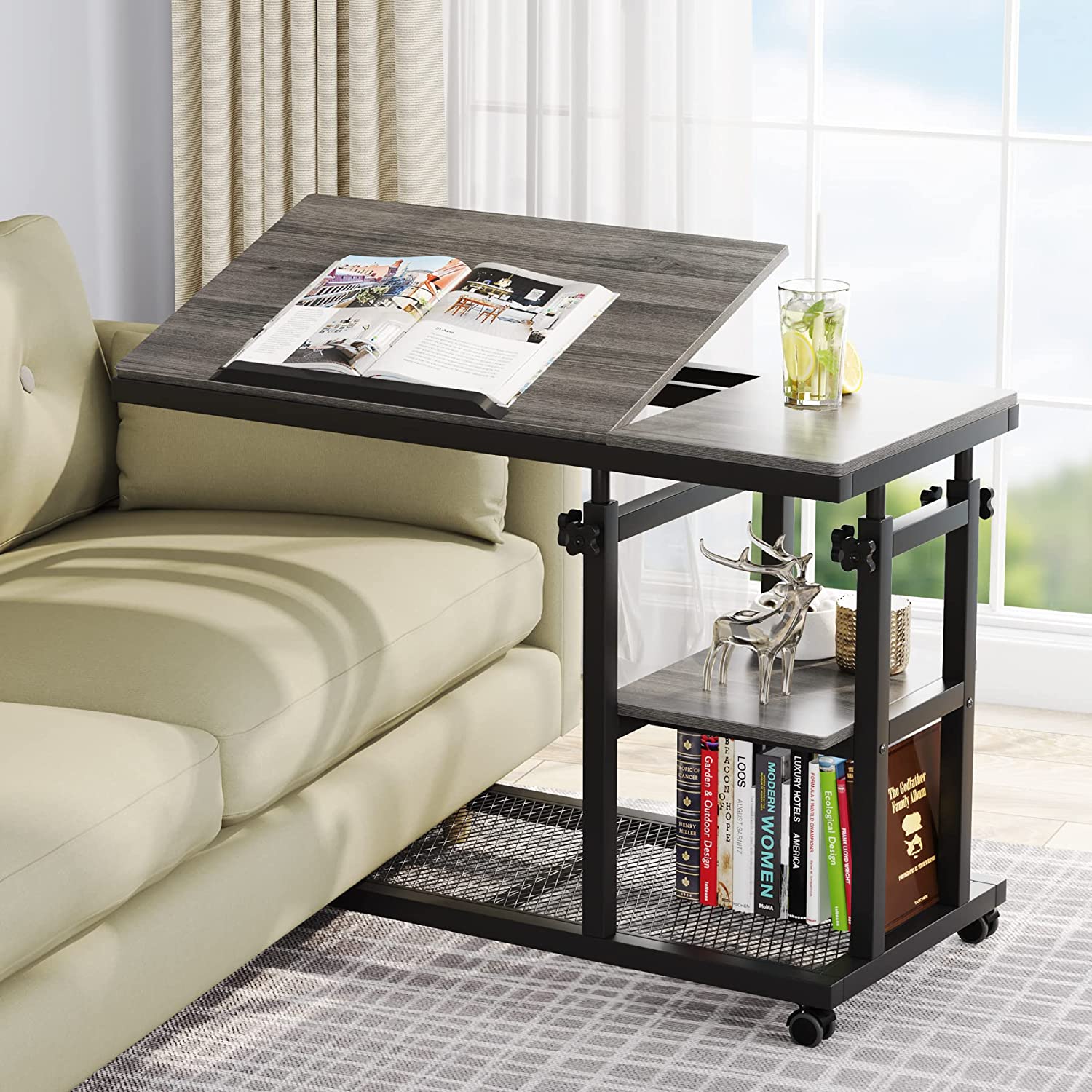 Height Adjustable C Table, Mobile Side Table with Tiltable Drawing Board