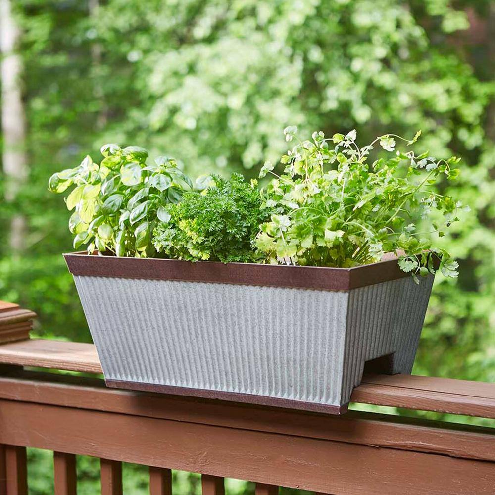 Southern Patio 24 in. L x 11.5 in. W x 9.5 in. H Westlake Deck Rail Garden Resin Planter Rustic Galvanized HDR-054818