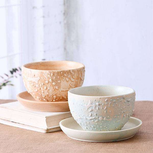 4.4 inch (11 cm) Embossed Bowl Round Ceramic Pots With Plates - Pack of 2