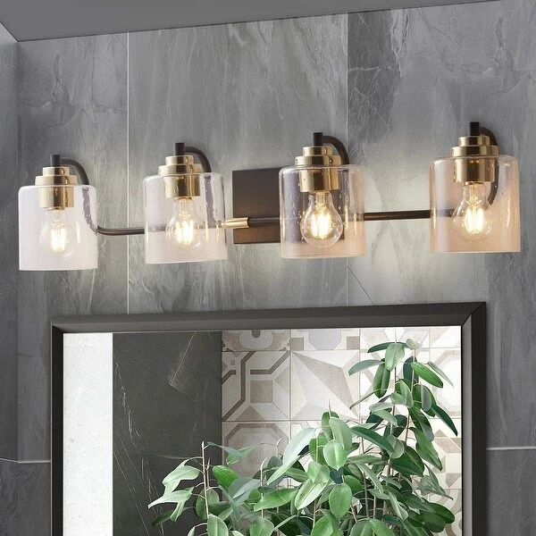 4 Lights Bathroom Vanity Light Fixtures Black and Gold Wall Sconce Lighting With Clear Glass Shade For Bedroom Kitchen Living Room