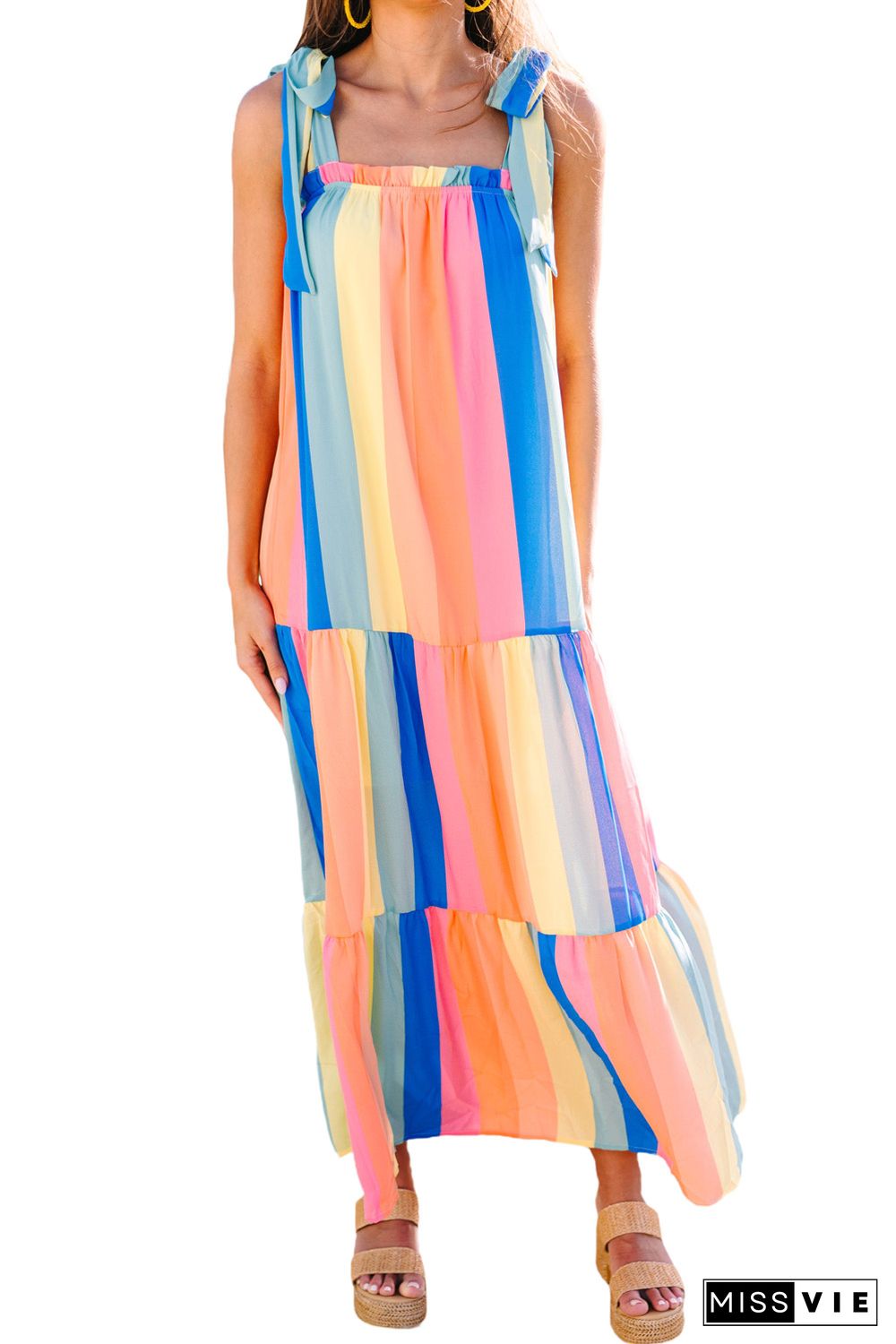 Stripe Tiered Tie Shoulder Straps Maxi Dress