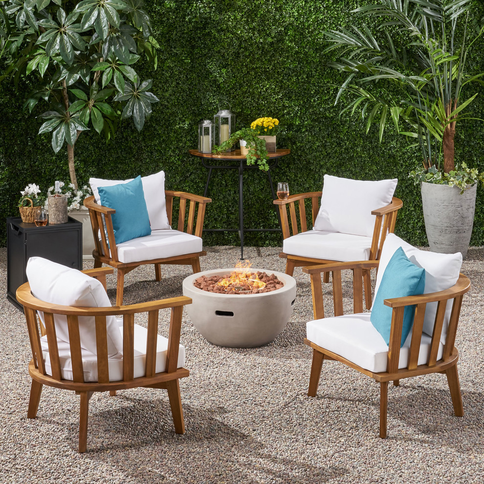 Leona Outdoor Acacia Wood 4 Seater Club Chairs and Fire Pit Set   Midcentury   Outdoor Lounge Sets   by GDFStudio  Houzz