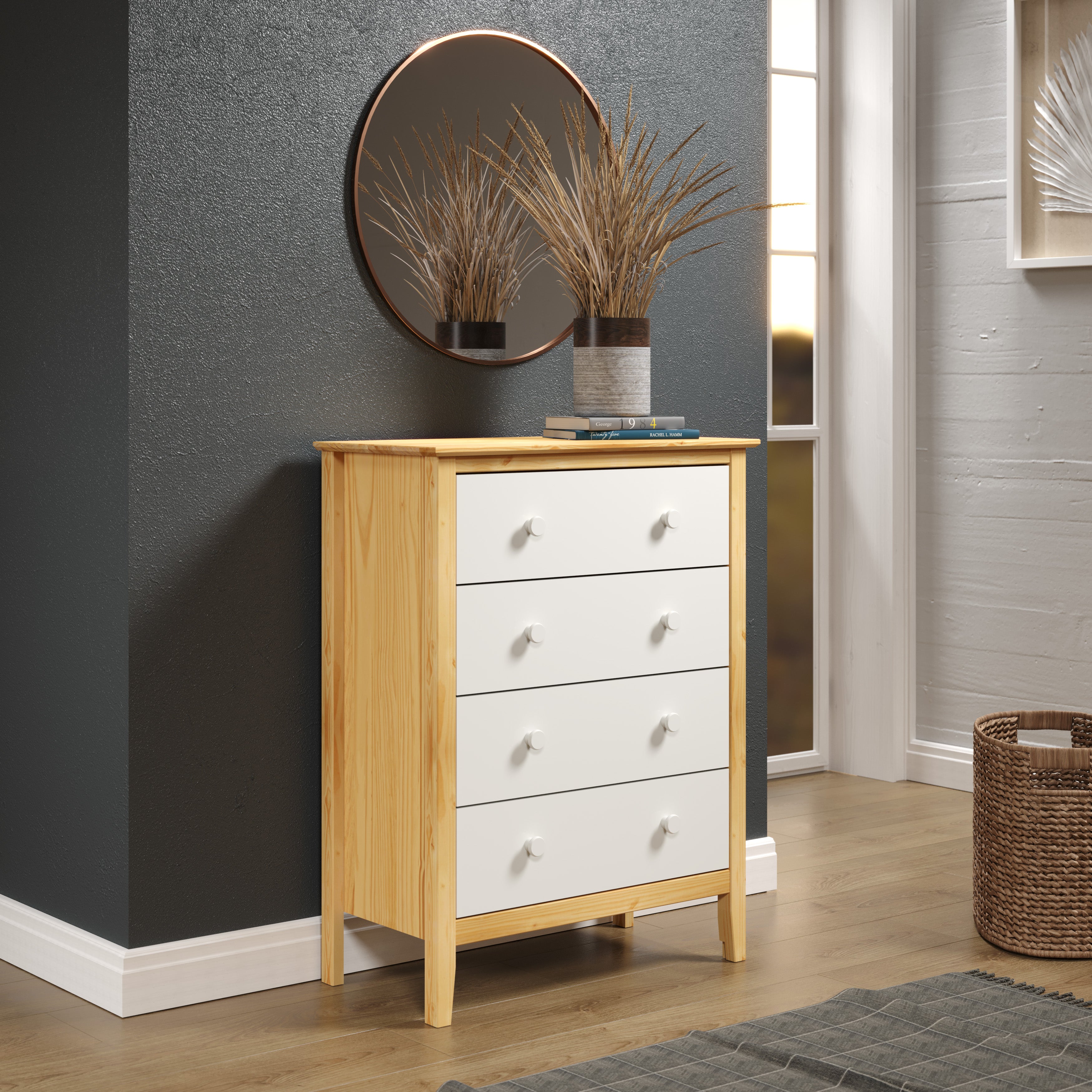 Adeptus Solid Wood Easy Pieces Four Drawer Dresser Natural White Front, White and Natural Knobs